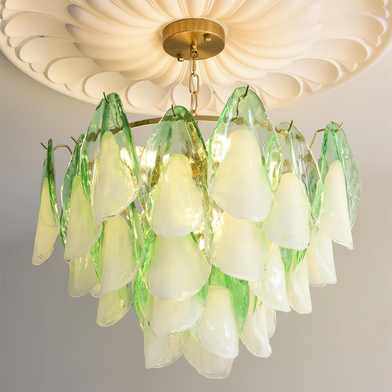 Chandelier Glass Petal 19.6 in Gold Ceiling Light Dining Room Hanging Fixture Artistic Multi Tier Lighting | Thomler