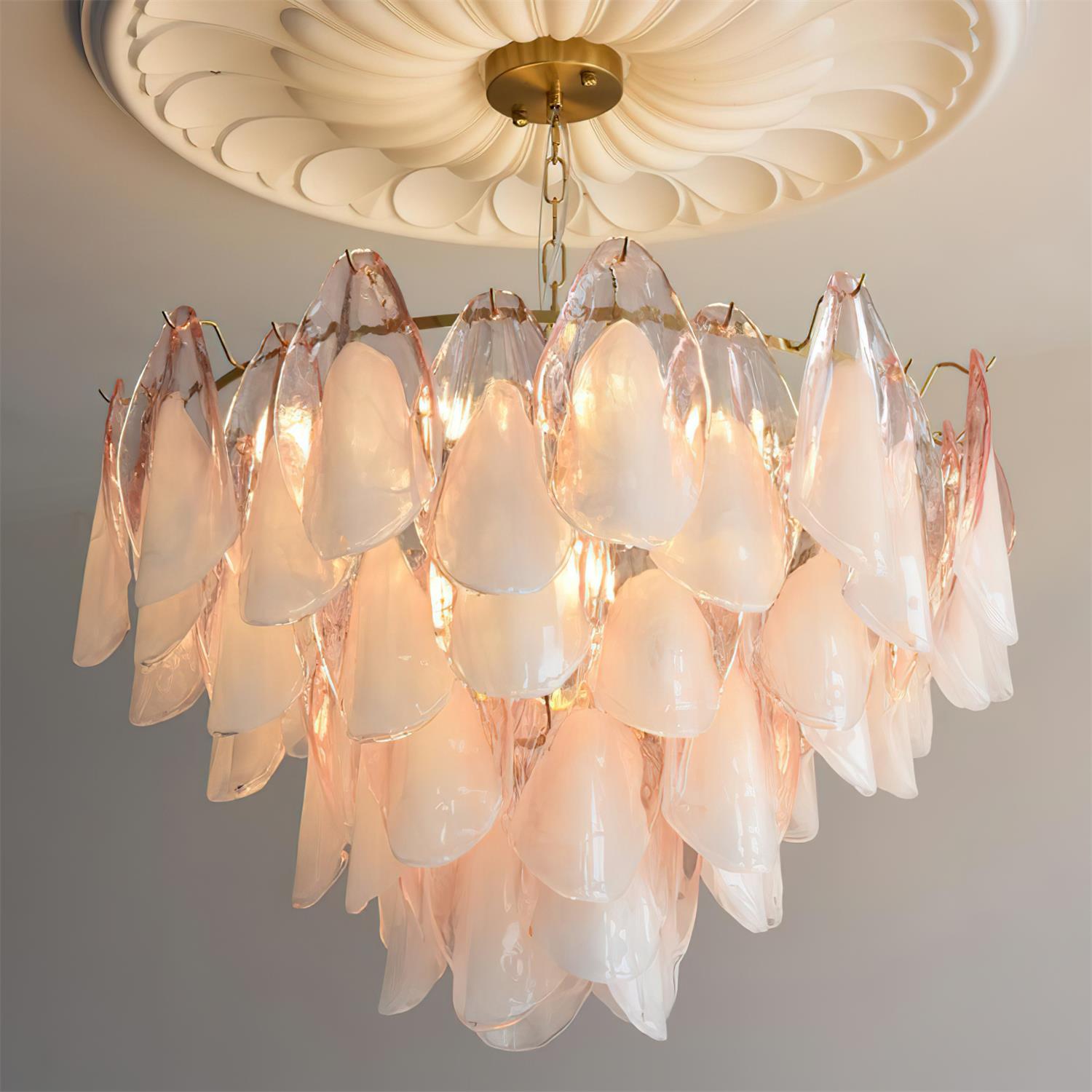 Chandelier Glass Petal 19.6 in Gold Ceiling Light Dining Room Hanging Fixture Artistic Multi Tier Lighting | Thomler
