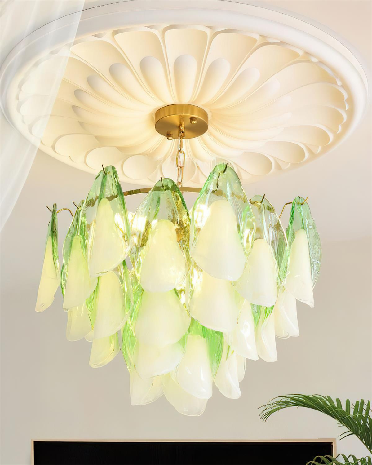Chandelier Glass Petal 19.6 in Gold Ceiling Light Dining Room Hanging Fixture Artistic Multi Tier Lighting | Thomler