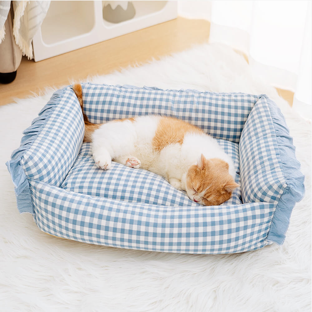 Checkered Cotton Dog & Cat Lounger with Bolster Edge – Washable Pillow-Style Pet Cushion | Thomler