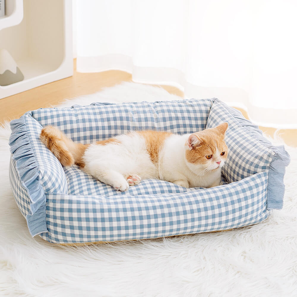 Checkered Cotton Dog & Cat Lounger with Bolster Edge – Washable Pillow-Style Pet Cushion | Thomler