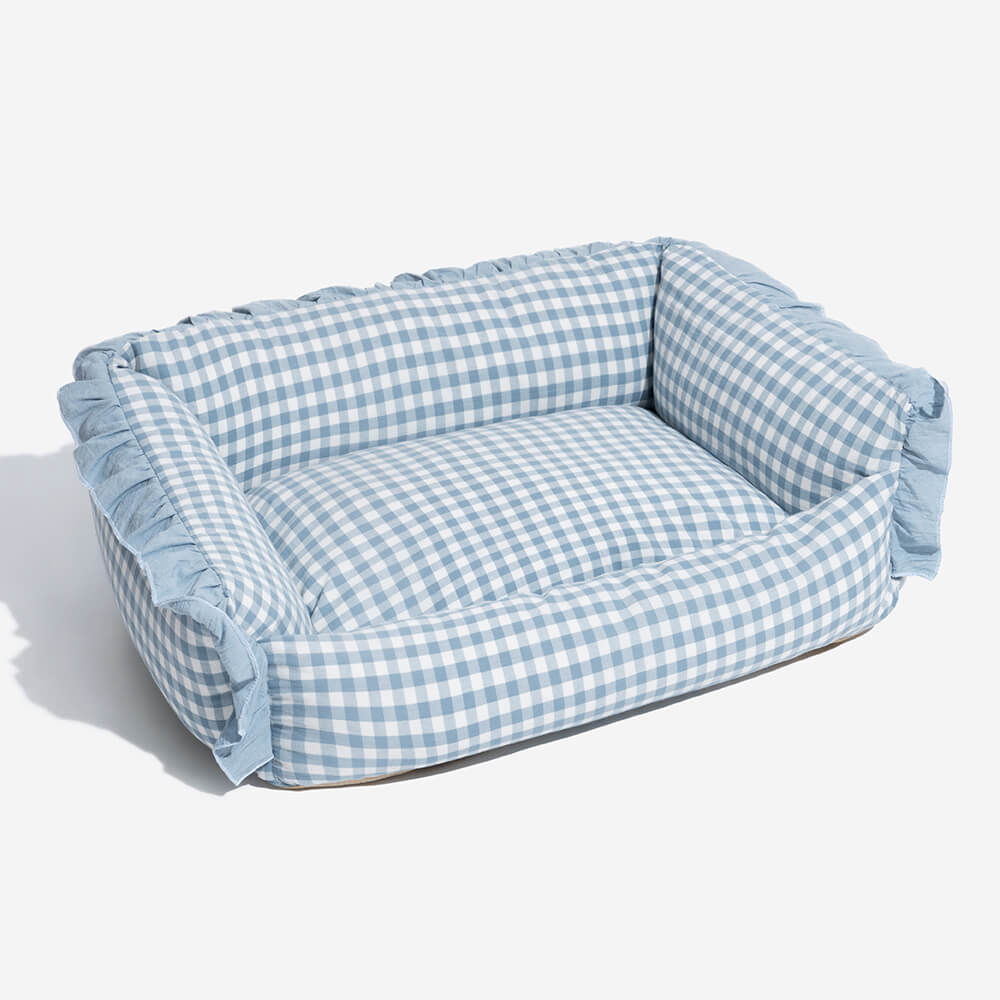 Checkered Cotton Dog & Cat Lounger with Bolster Edge – Washable Pillow-Style Pet Cushion | Thomler