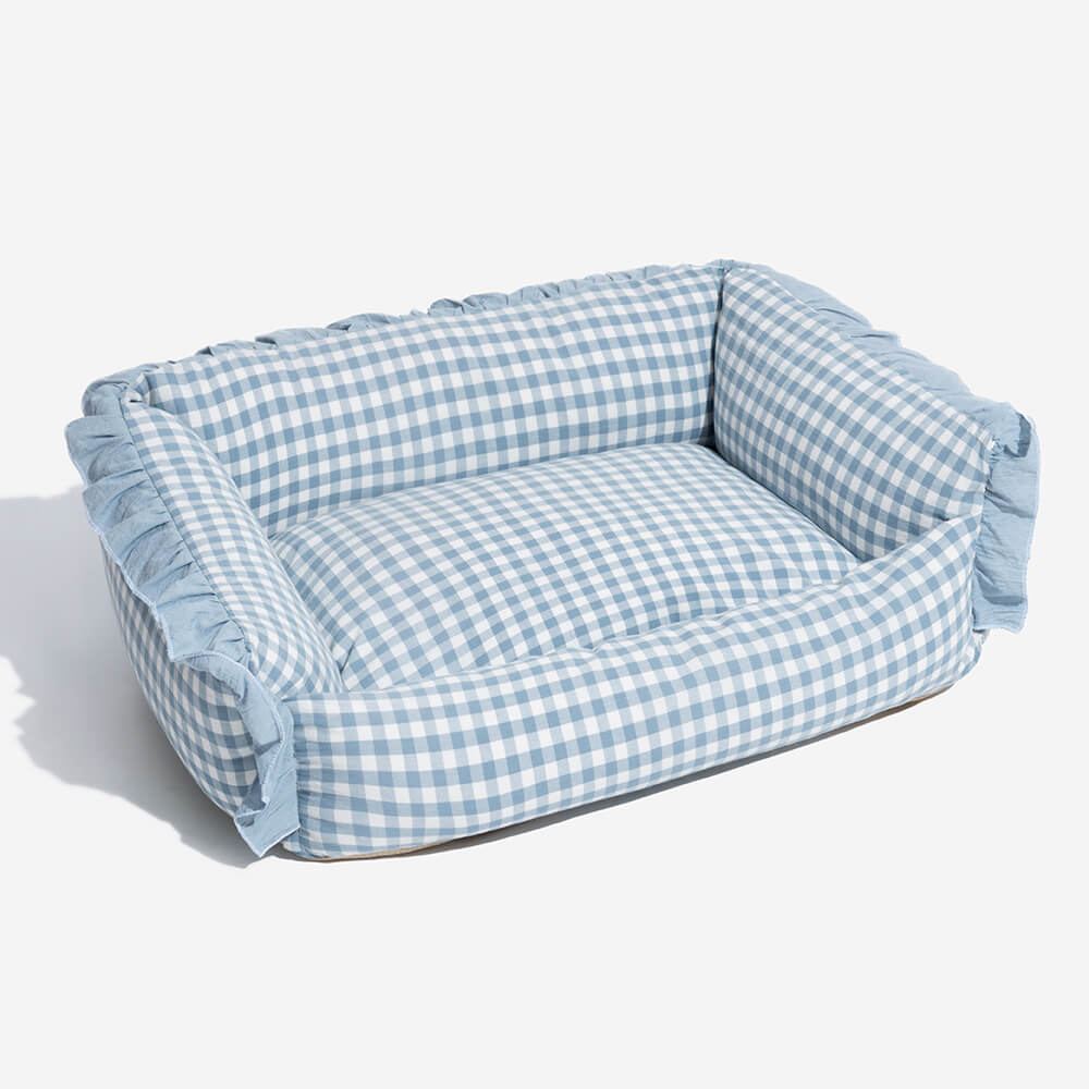 Checkered Cotton Dog & Cat Lounger with Bolster Edge – Washable Pillow-Style Pet Cushion | Thomler