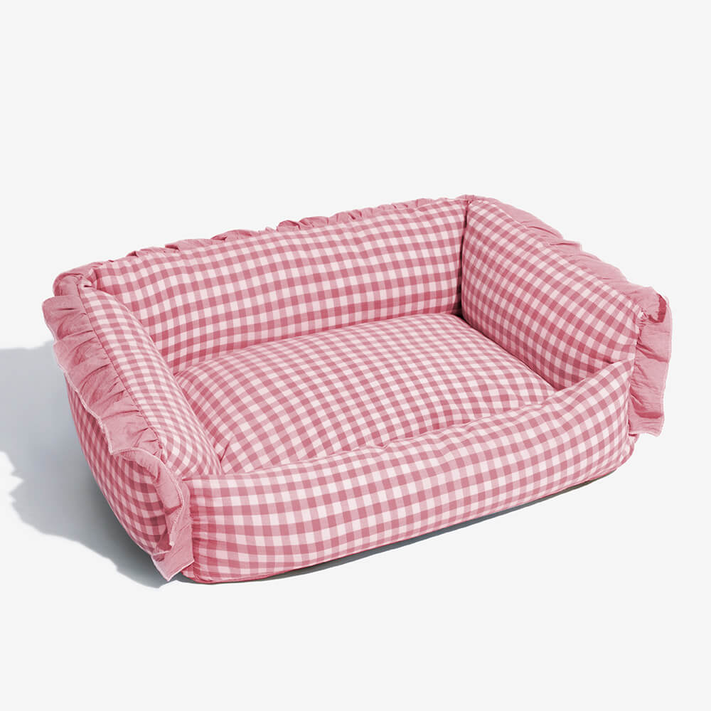 Checkered Cotton Dog & Cat Lounger with Bolster Edge – Washable Pillow-Style Pet Cushion | Thomler