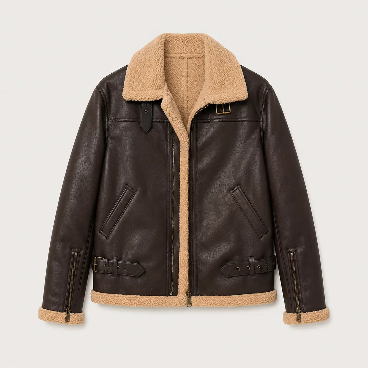 Men's Faux Shearling Aviator Jacket – Insulated Leather Look Bomber Coat with High Collar | Thomler