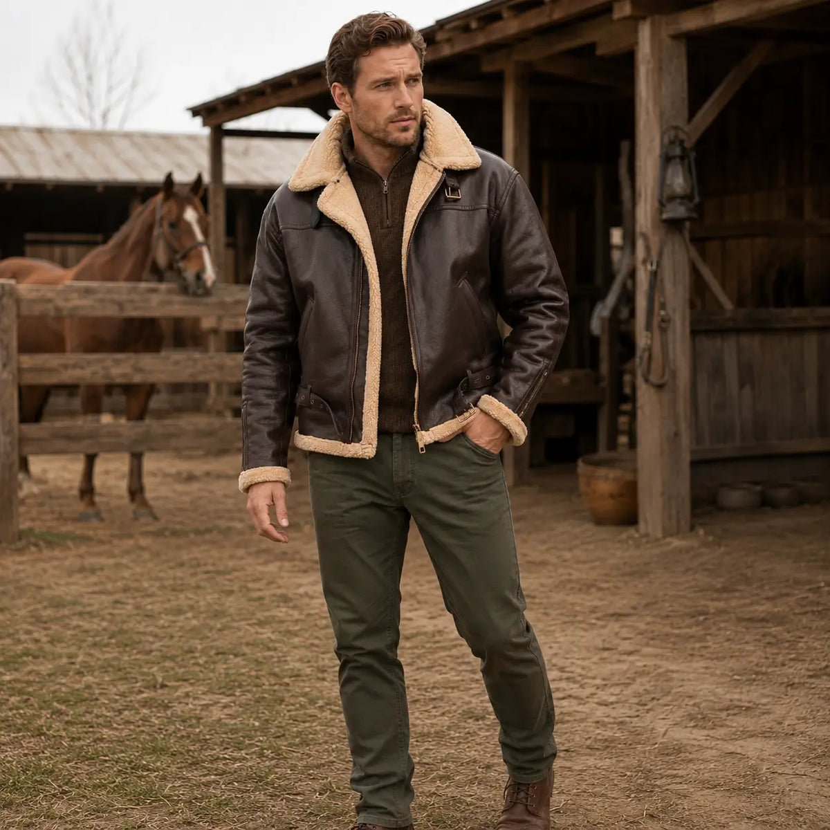 Men's Faux Shearling Aviator Jacket – Insulated Leather Look Bomber Coat with High Collar | Thomler