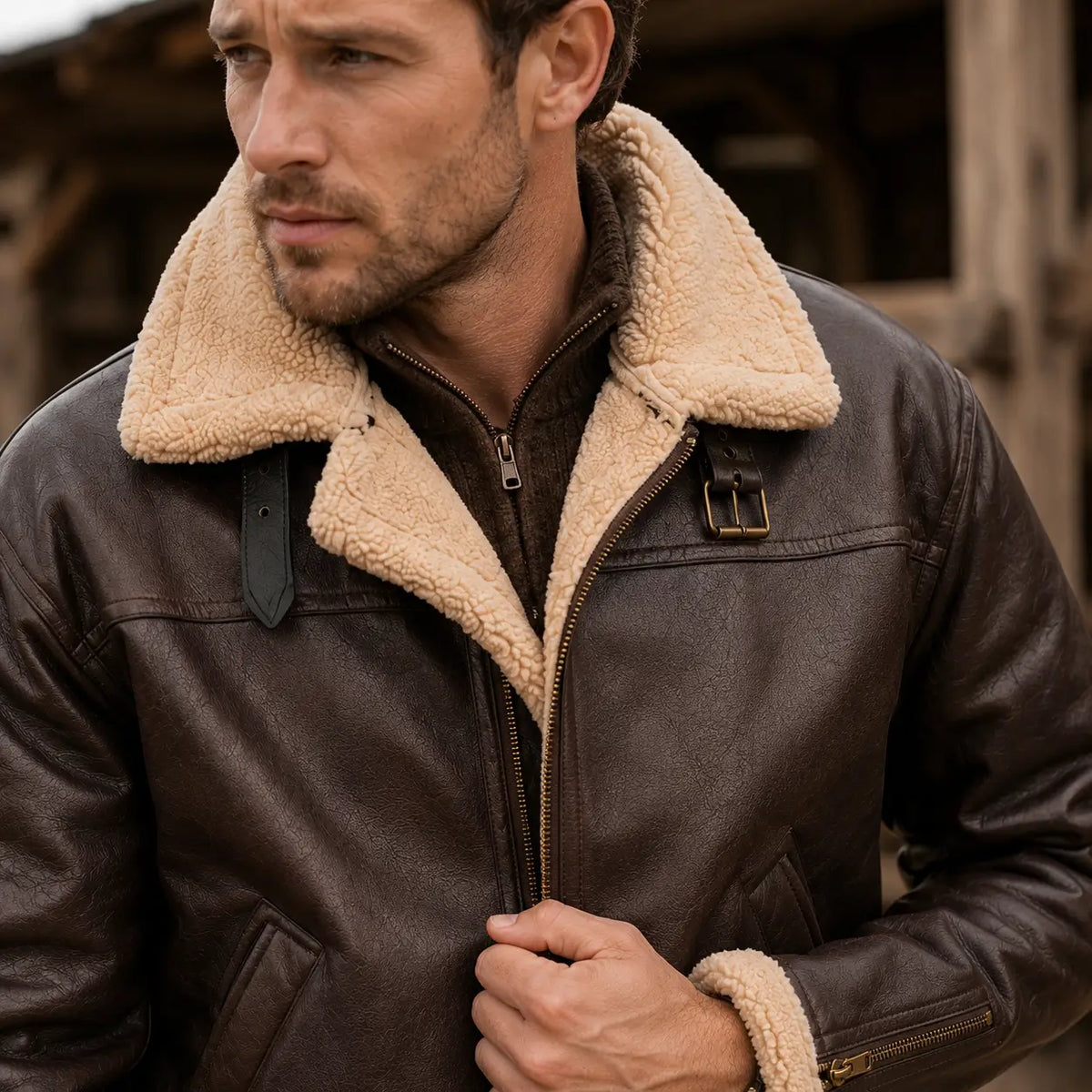 Men's Faux Shearling Aviator Jacket – Insulated Leather Look Bomber Coat with High Collar | Thomler