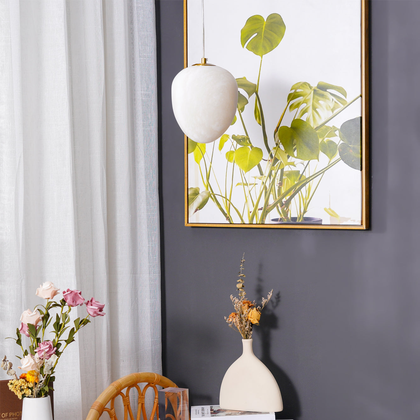 Pendant Light Brass Alabaster 9.1 in Ceiling Mount Indoor Dining Room Kitchen Island Hanging Lamp | Thomler