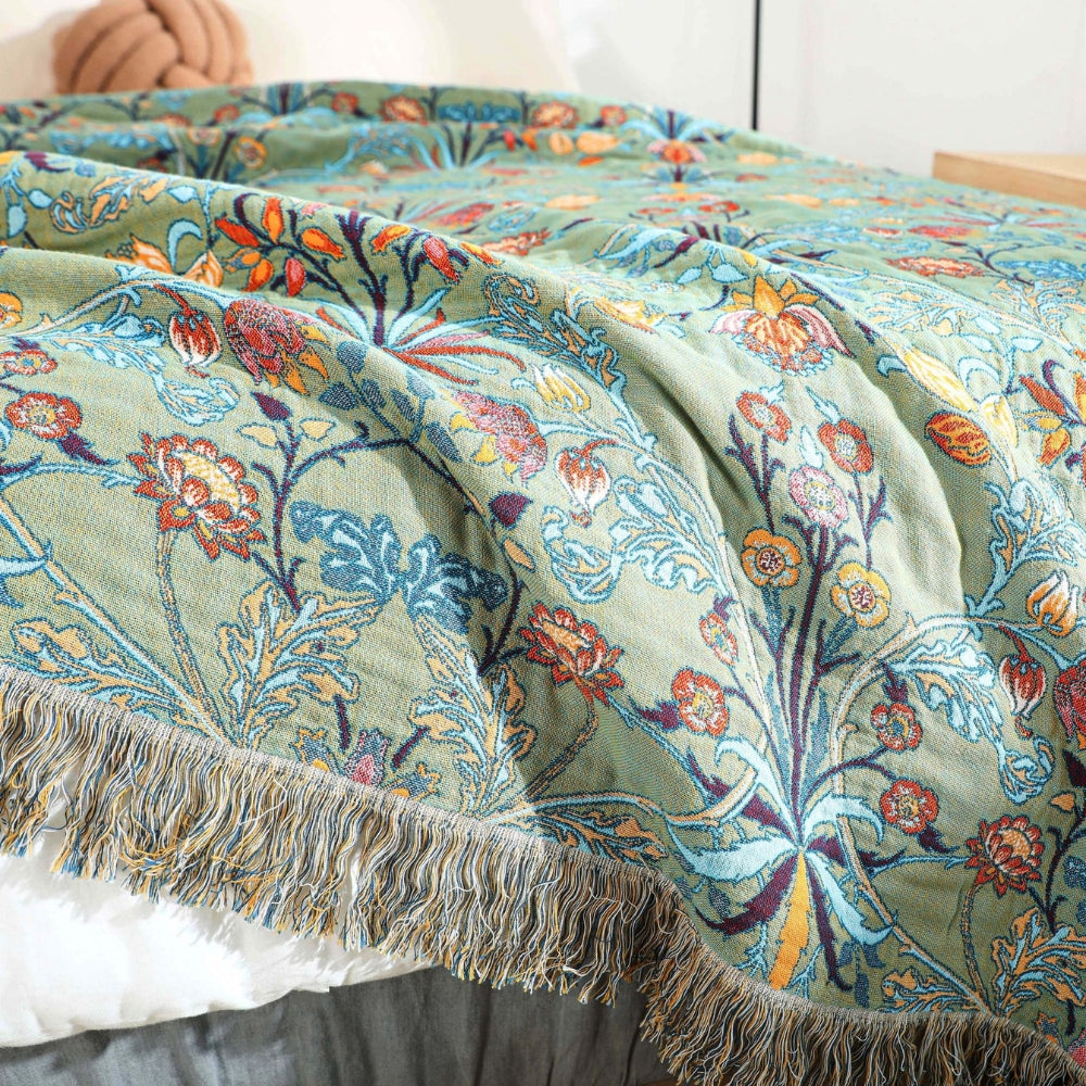 Reversible Cotton Throw Blanket with Tassels - Jacquard Floral Bedspread for Couch, Sofa & Bed - 100% Breathable Woven Fabric - 79x91 in | Thomler