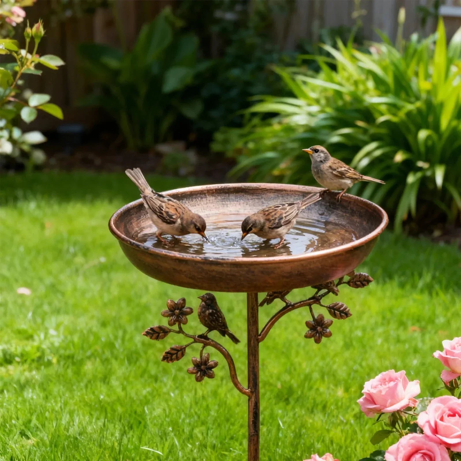 Metal Bird Bath Bowl on Decorative Stake for Yard & Garden | Freestanding Water Station with Multi-Prong Ground Spike for Songbirds | Thomler