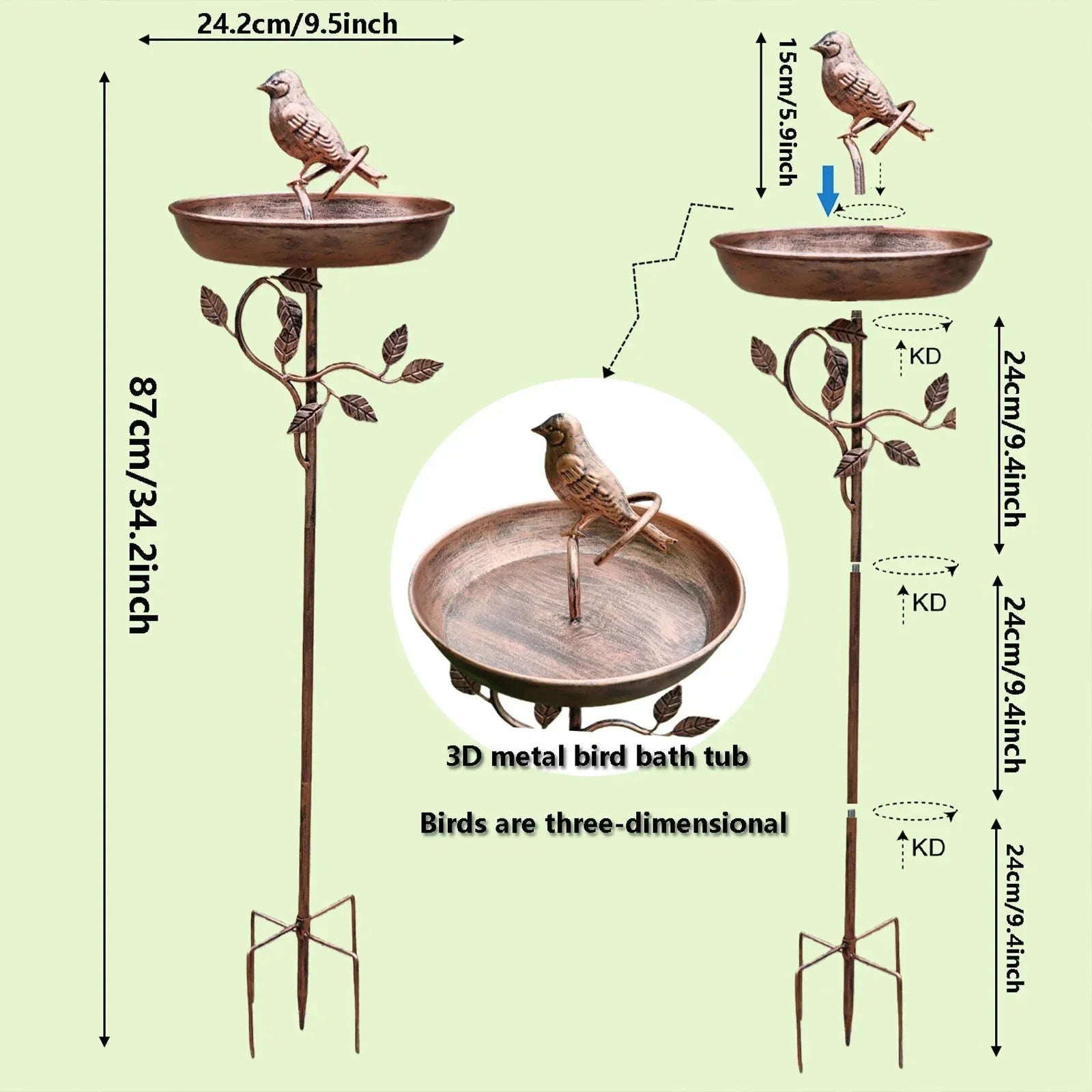 Metal Bird Bath Bowl on Decorative Stake for Yard & Garden | Freestanding Water Station with Multi-Prong Ground Spike for Songbirds | Thomler
