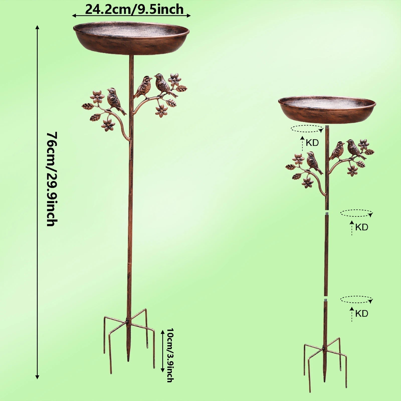 Metal Bird Bath Bowl on Decorative Stake for Yard & Garden | Freestanding Water Station with Multi-Prong Ground Spike for Songbirds | Thomler