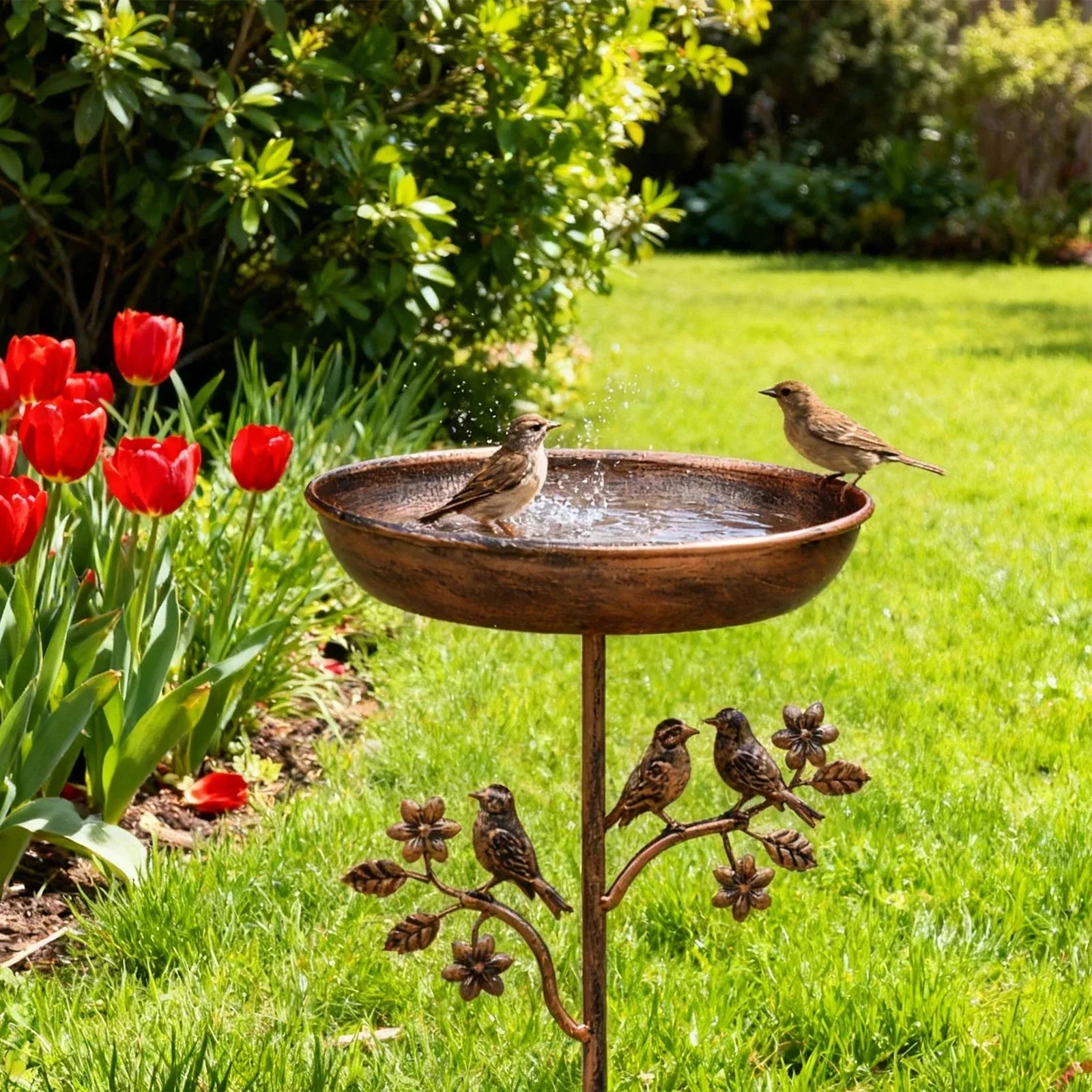 Metal Bird Bath Bowl on Decorative Stake for Yard & Garden | Freestanding Water Station with Multi-Prong Ground Spike for Songbirds | Thomler