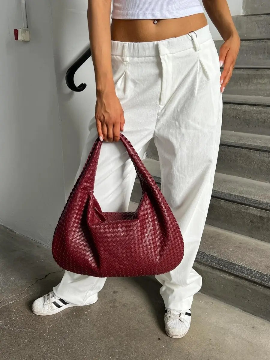 Woven Leather Hobo Shoulder Bag for Women - Soft Genuine Leather Everyday Purse with Zip Closure - Lightweight 19 in Tote for Daily Use | Thomler