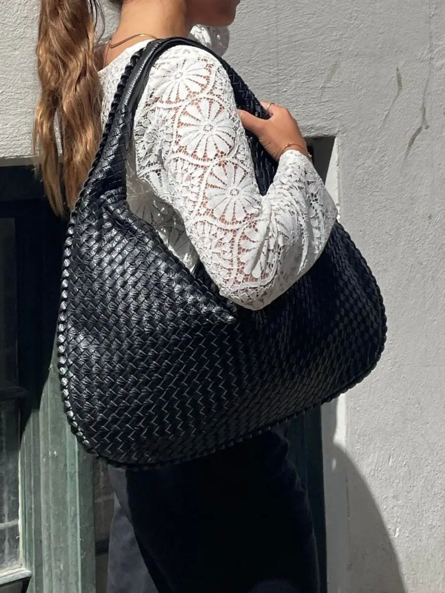 Woven Leather Hobo Shoulder Bag for Women - Soft Genuine Leather Everyday Purse with Zip Closure - Lightweight 19 in Tote for Daily Use | Thomler