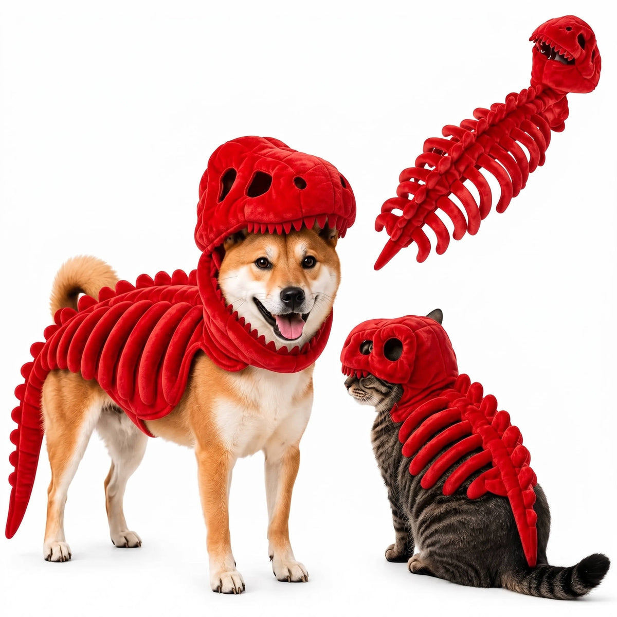 Dino Skeleton Outfit for Dogs & Cats – 3D Skull Cap, Raised Rib Detail, Flexible Tail, Plush Halloween Costume for Pets | Thomler