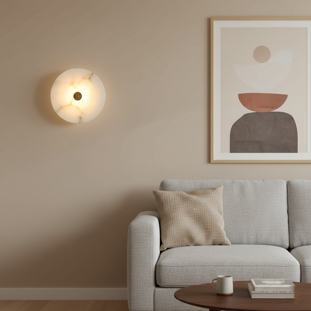 Wall Lamp Alabaster Stone 12.6 in LED Warm Light Indoor Bedroom Hallway Modern Round Marble Sconce Ambient Lighting Fixture | Thomler
