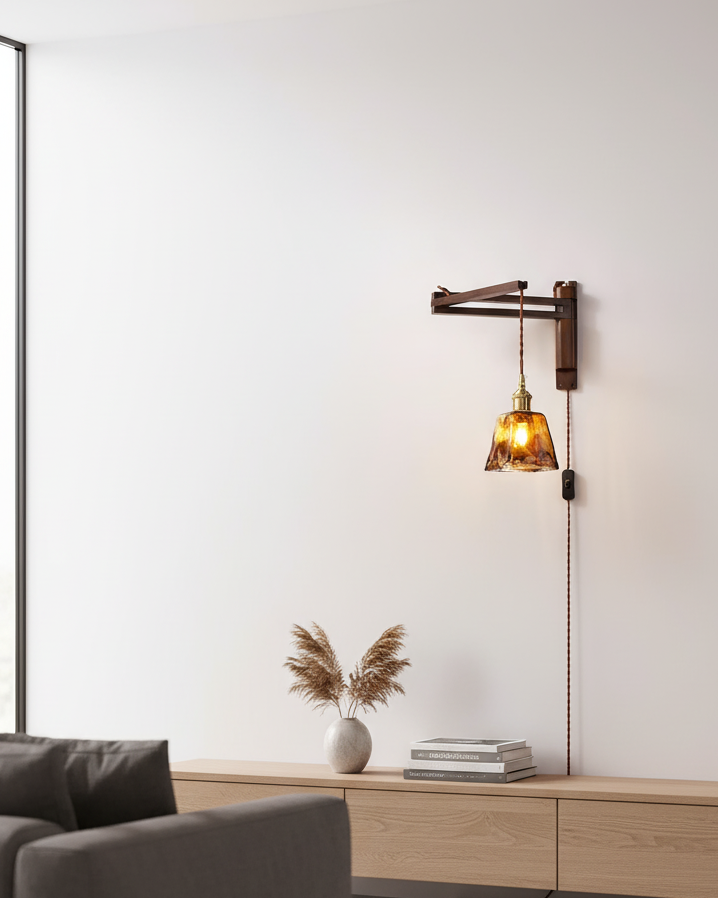 Wall Lamp Wood Adjustable Arm 9 in (23.0 cm) E26 Indoor Bedroom Living Room Lighting Fixture Frosted Glass Amber White Pleated Shade | Thomler