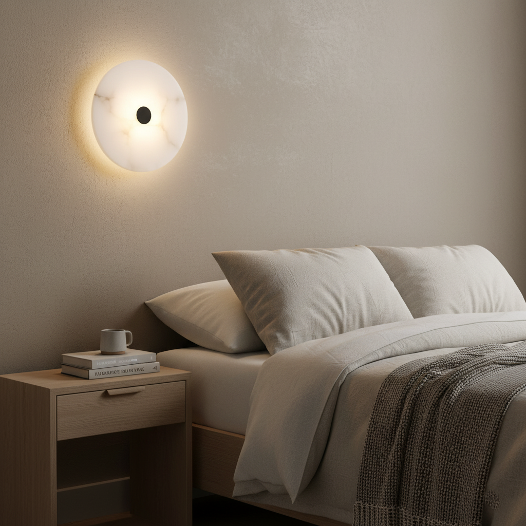 Wall Lamp Alabaster Stone 12.6 in LED Warm Light Indoor Bedroom Hallway Modern Round Marble Sconce Ambient Lighting Fixture | Thomler