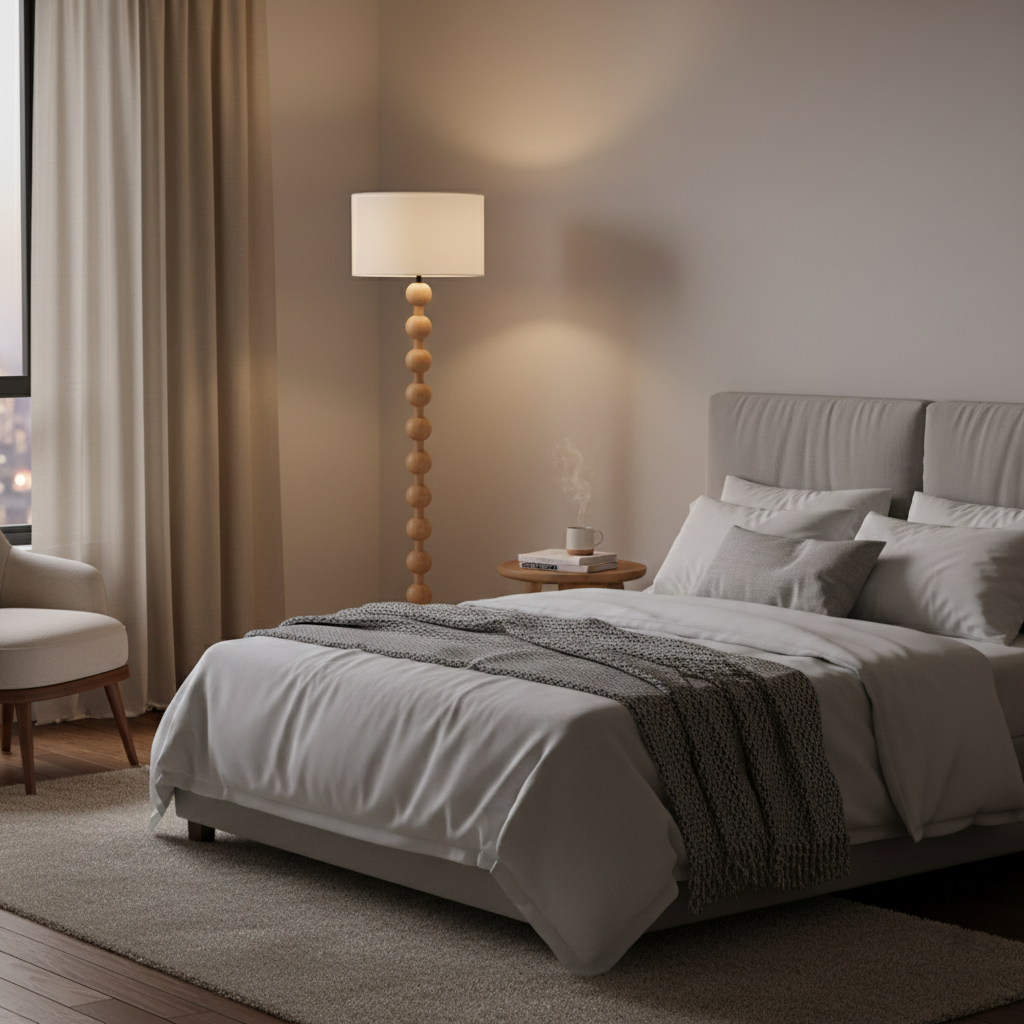 Floor Lamp Ash Wood 63 in White Fabric Shade Living Room Bedroom Accent Lighting | Thomler