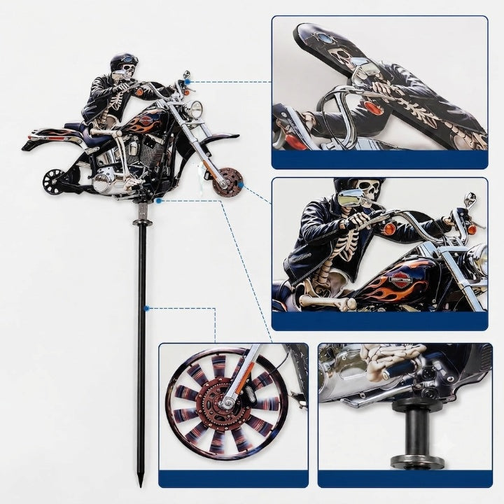 Skeleton Biker Wind Spinner Garden Stake Metal Chopper Motorcycle Lawn Ornament Outdoor Yard Art Halloween Decoration Spinning Wheels for | Thomler