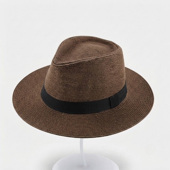 Woven Straw Fedora Hat with UPF Sun Protection Adjustable Fit Wide Brim Panama Style Summer Beach Travel Vacation Outdoor Resort Poolside | Thomler