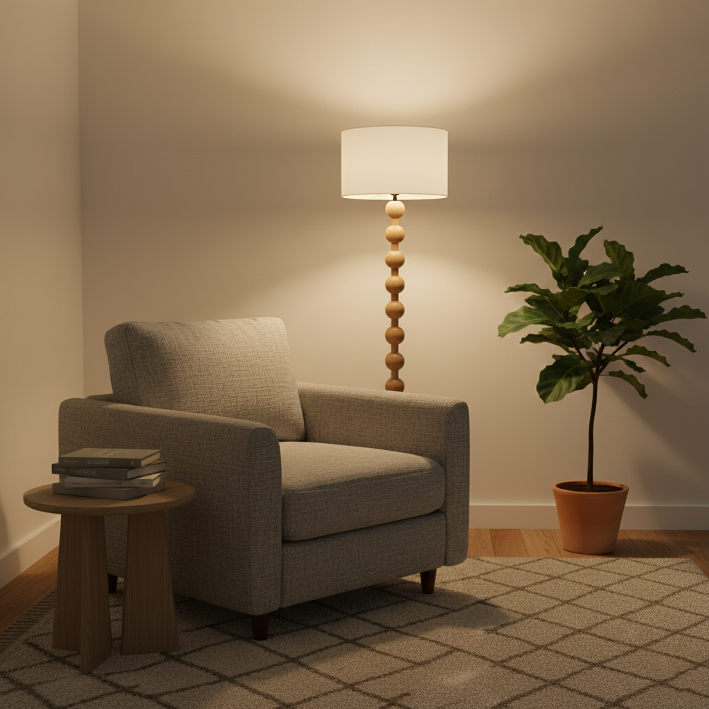 Floor Lamp Ash Wood 63 in White Fabric Shade Living Room Bedroom Accent Lighting | Thomler