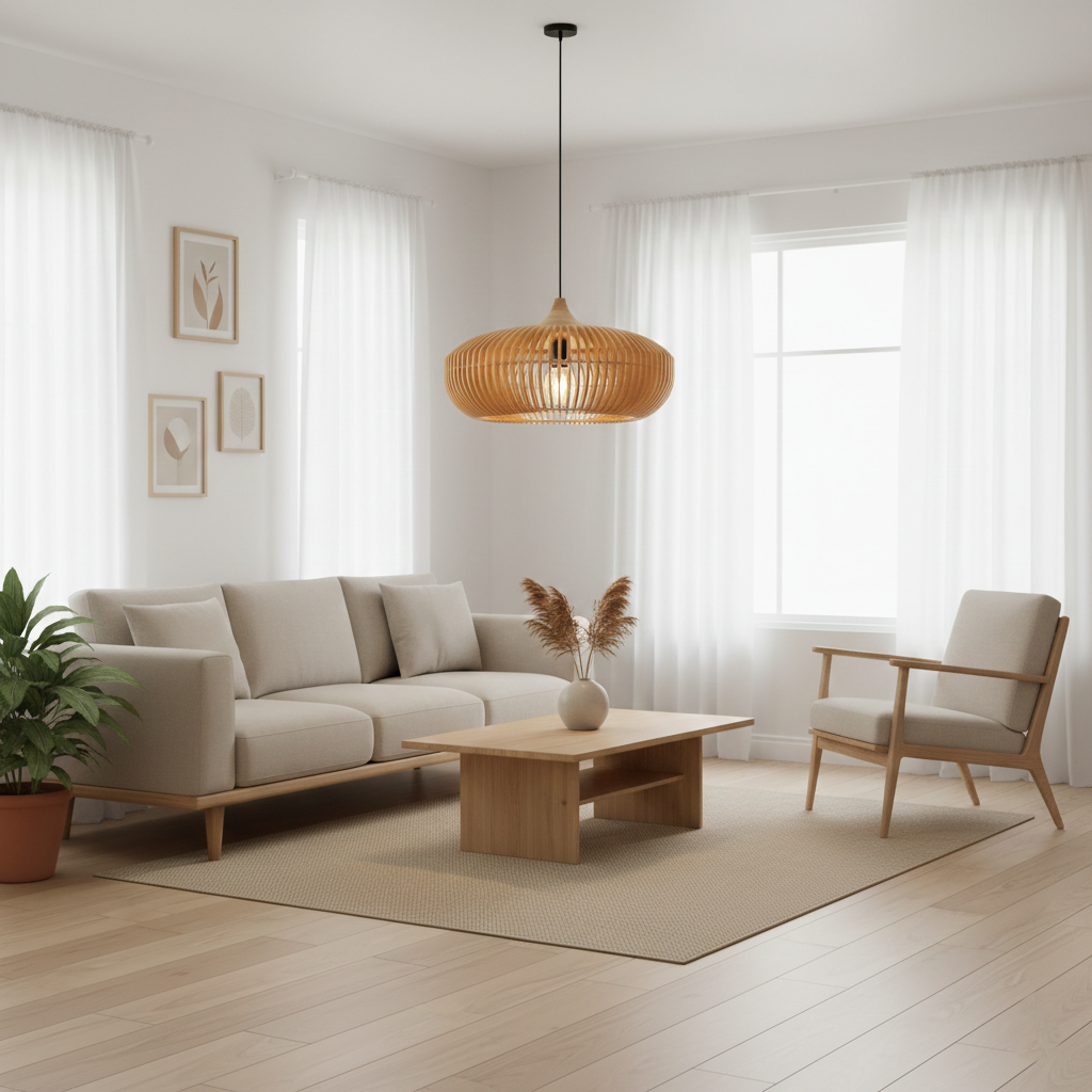 Pendant Light Wood 16.9 in Japandi Natural Dining Room Kitchen Island Hanging Ceiling Lamp Minimalist Scandinavian Modern | Thomler
