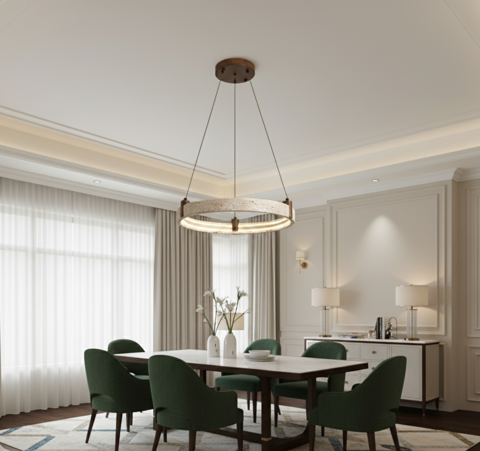 Circular Stone Pendant Light with Ambient Glow – Natural Travertine Ceiling Fixture for Modern Dining Rooms | Thomler