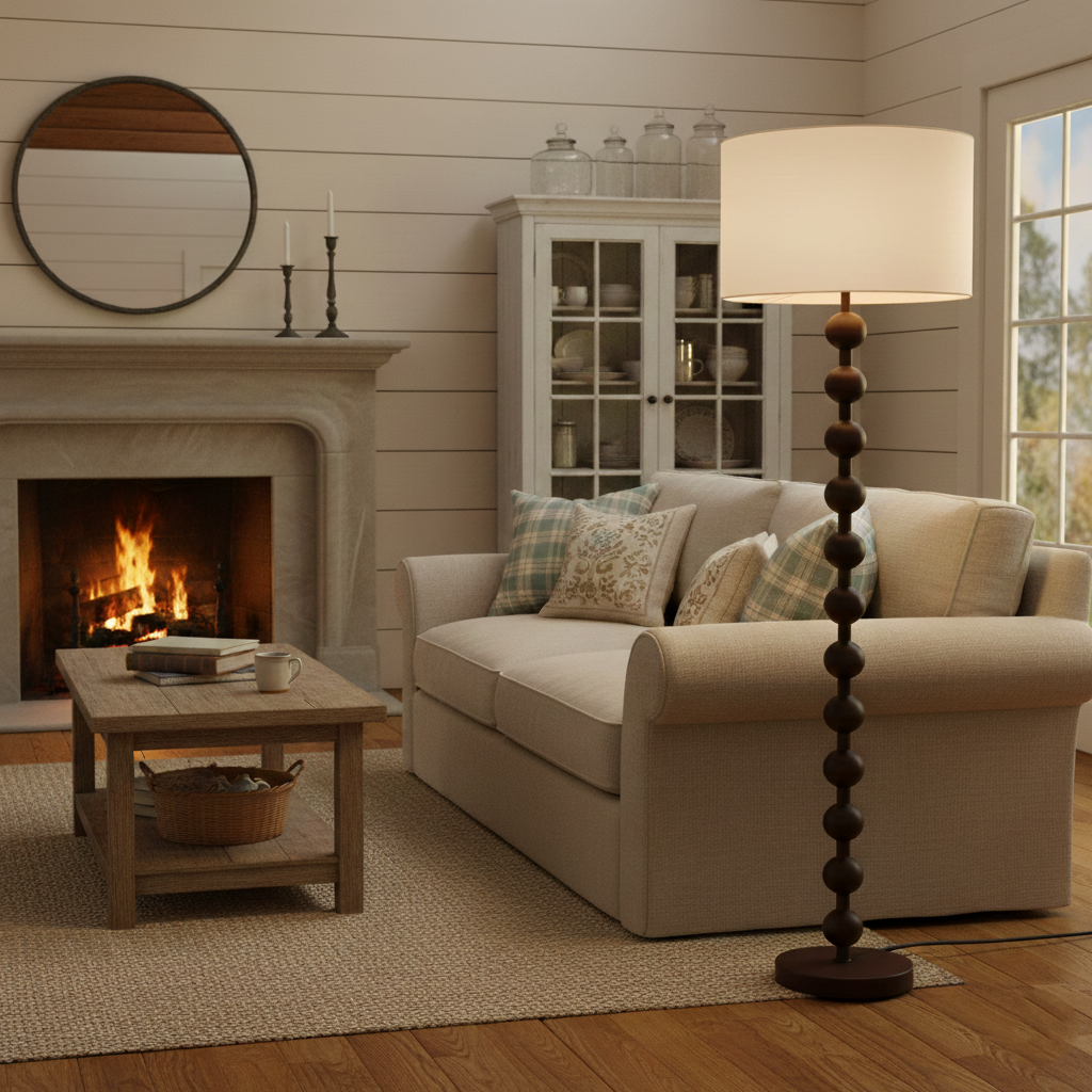 Floor Lamp Ash Wood 63 in White Fabric Shade Living Room Bedroom Accent Lighting | Thomler