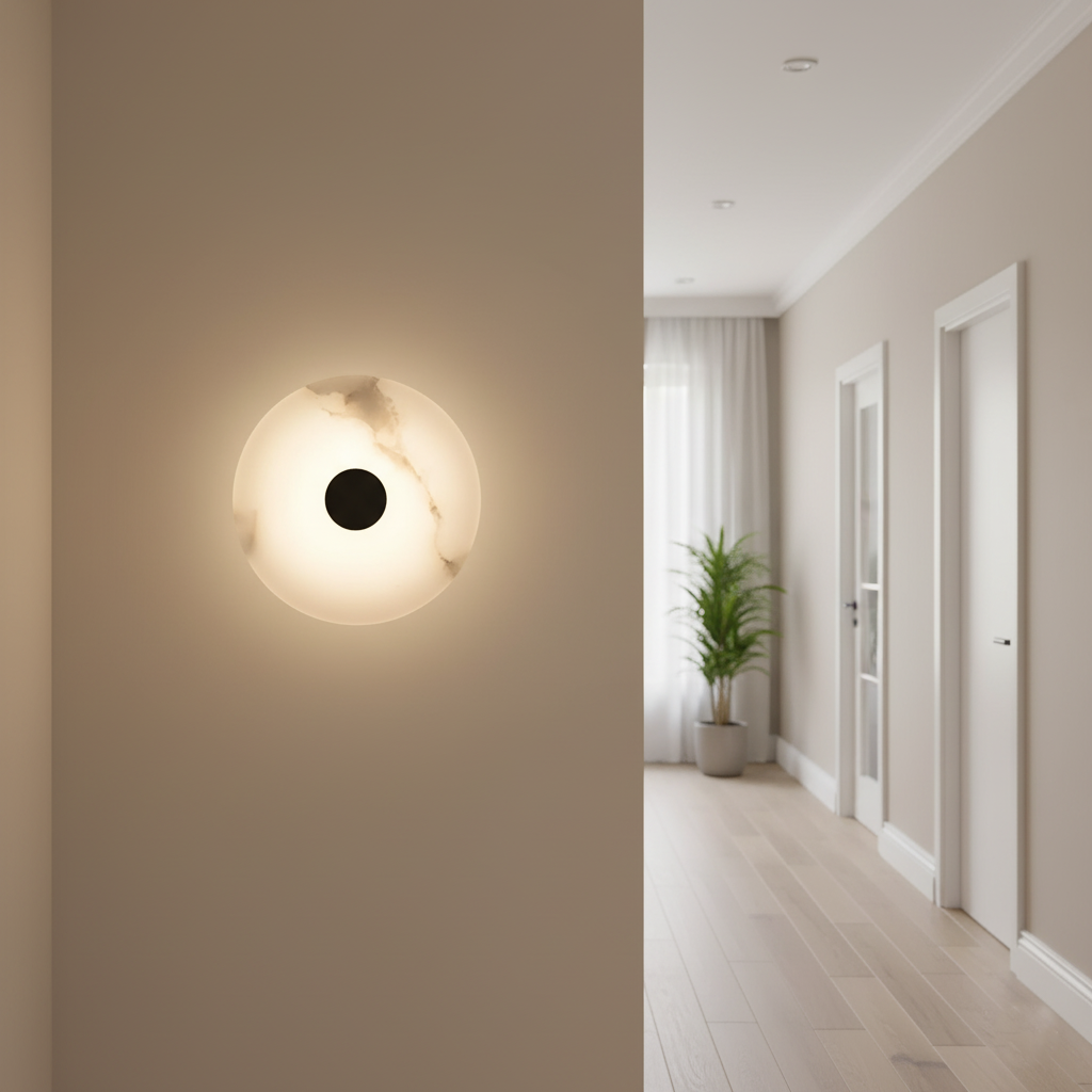 Wall Lamp Alabaster Stone 12.6 in LED Warm Light Indoor Bedroom Hallway Modern Round Marble Sconce Ambient Lighting Fixture | Thomler
