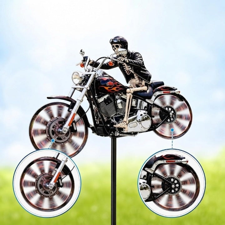 Skeleton Biker Wind Spinner Garden Stake Metal Chopper Motorcycle Lawn Ornament Outdoor Yard Art Halloween Decoration Spinning Wheels for | Thomler