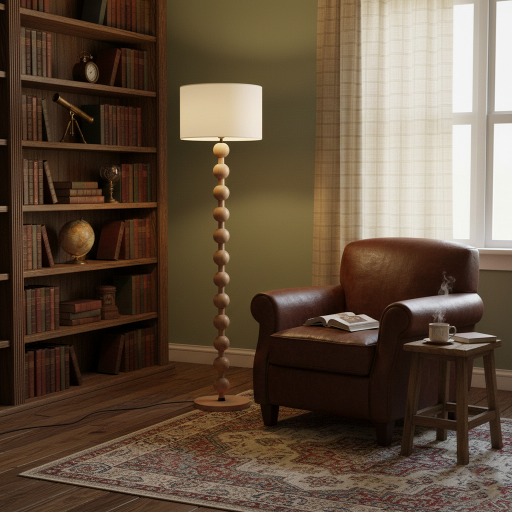 Floor Lamp Ash Wood 63 in White Fabric Shade Living Room Bedroom Accent Lighting | Thomler