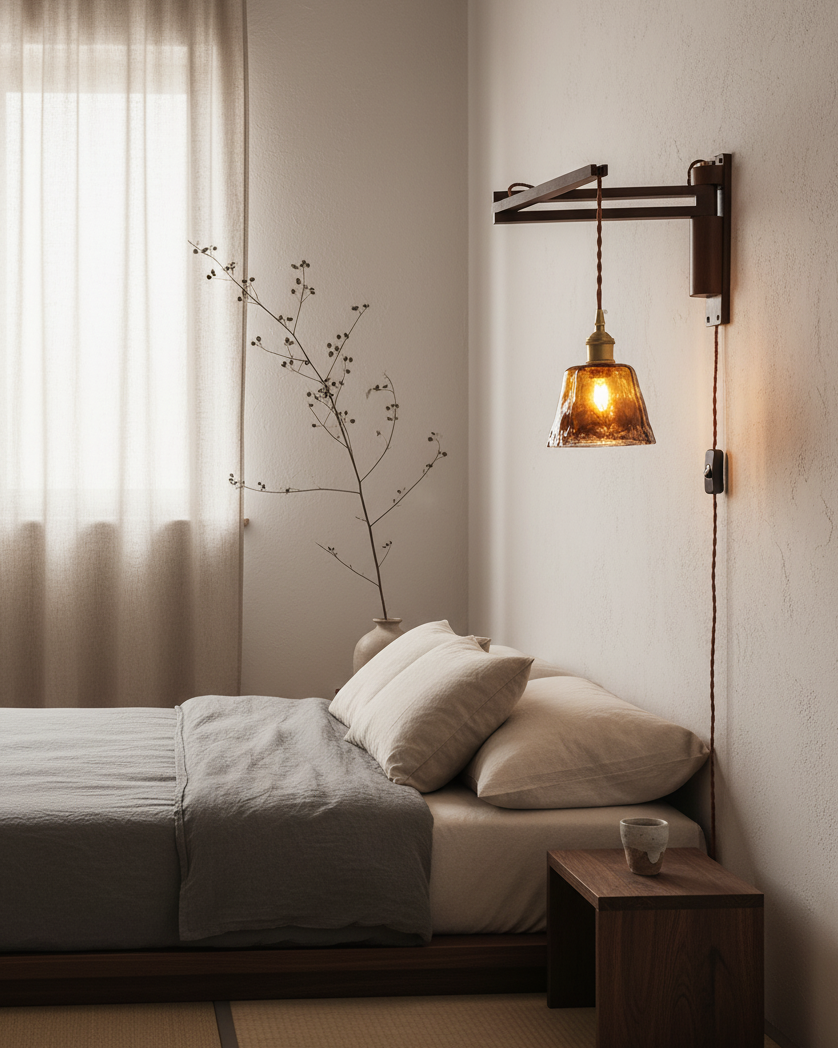 Wall Lamp Wood Adjustable Arm 9 in (23.0 cm) E26 Indoor Bedroom Living Room Lighting Fixture Frosted Glass Amber White Pleated Shade | Thomler