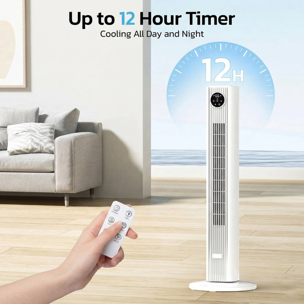Tower Fan with Remote Control 4-Speed Oscillating Bladeless Air Circulator Quiet Sleep Mode 12-Hour Timer for Bedroom Living Room | Thomler