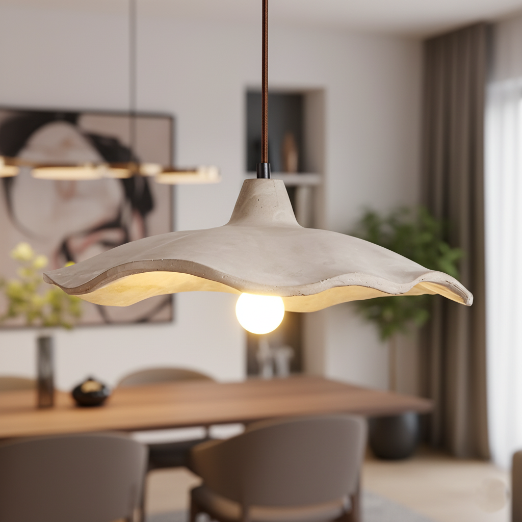 Pendant Light Cement 15.7 in Flower Shape Matte Dining Room Hanging Ceiling Lamp Wabi Sabi Japandi Minimalist Lighting Fixture | Thomler