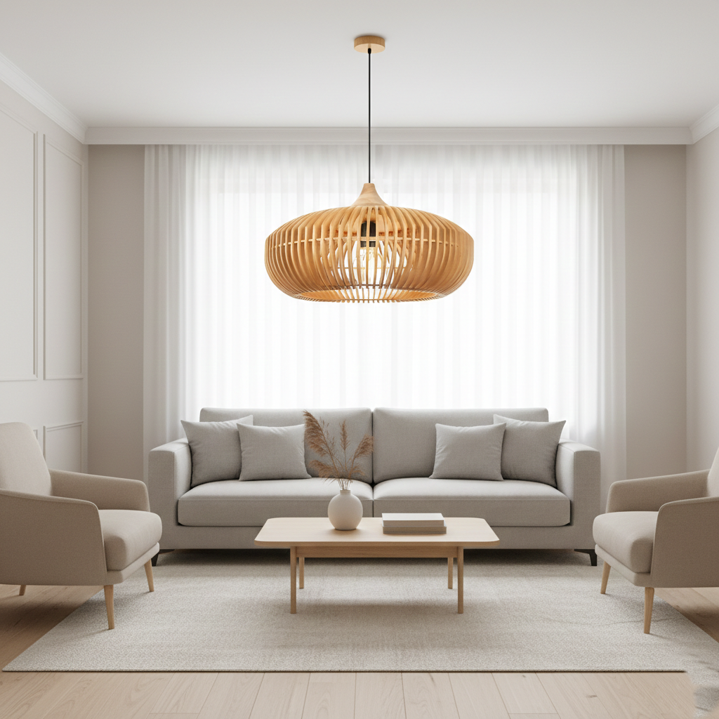 Pendant Light Wood 16.9 in Japandi Natural Dining Room Kitchen Island Hanging Ceiling Lamp Minimalist Scandinavian Modern | Thomler