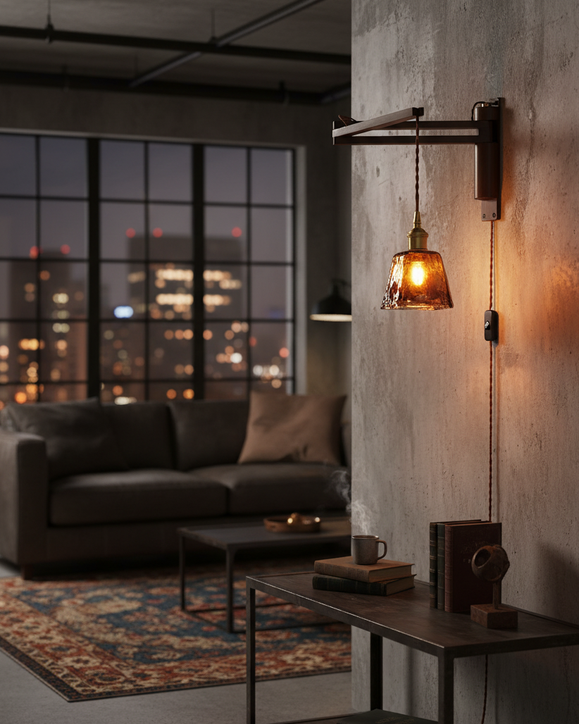 Wall Lamp Wood Adjustable Arm 9 in (23.0 cm) E26 Indoor Bedroom Living Room Lighting Fixture Frosted Glass Amber White Pleated Shade | Thomler