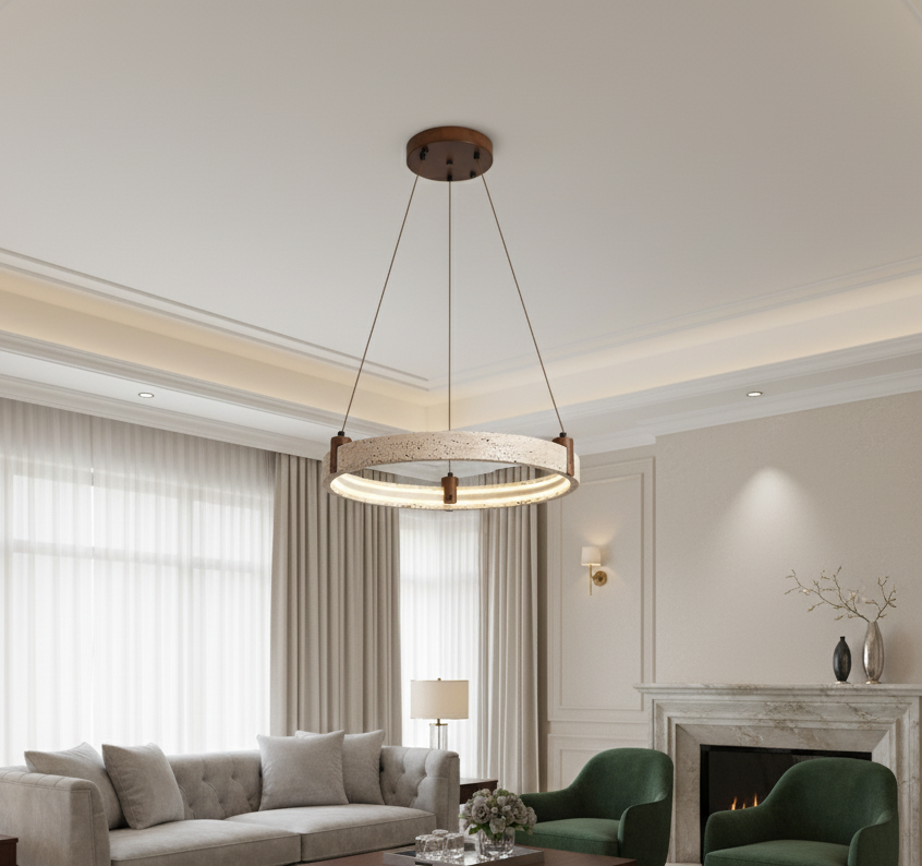 Circular Stone Pendant Light with Ambient Glow – Natural Travertine Ceiling Fixture for Modern Dining Rooms | Thomler