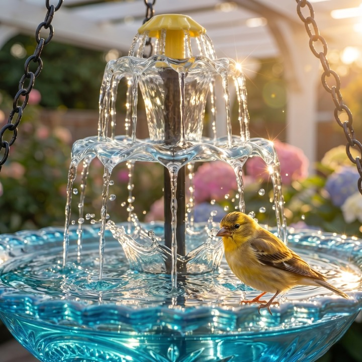 Hanging Glass Bird Bath 25.5 cm Two-Tier Solar Waterfall Blue Patio Garden Decor | Thomler