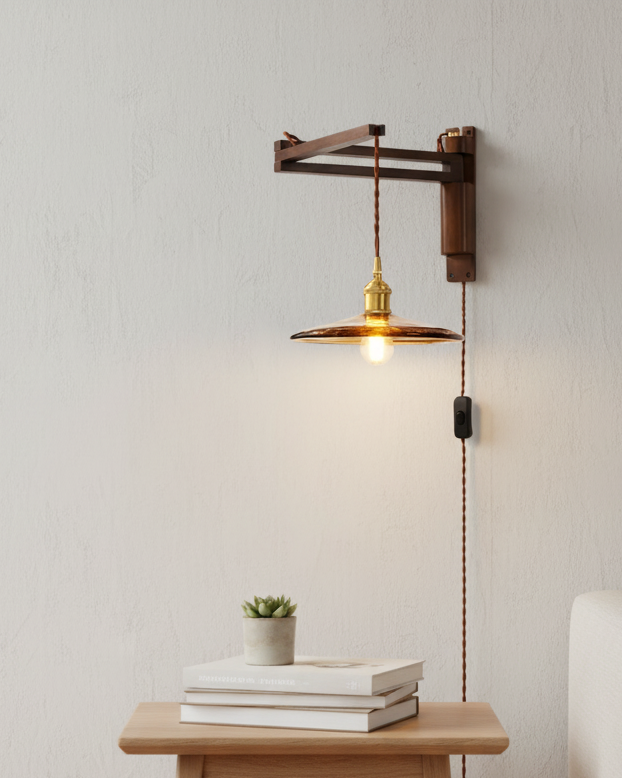 Wall Lamp Wood Adjustable Arm 9 in (23.0 cm) E26 Indoor Bedroom Living Room Lighting Fixture Frosted Glass Amber White Pleated Shade | Thomler