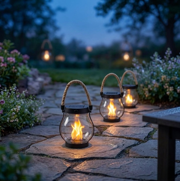 Solar Lantern ABS Plastic 12.0 cm Warm Flame Garden Path Patio Ambient Light USB C Rechargeable Outdoor Decorative Lighting | Thomler