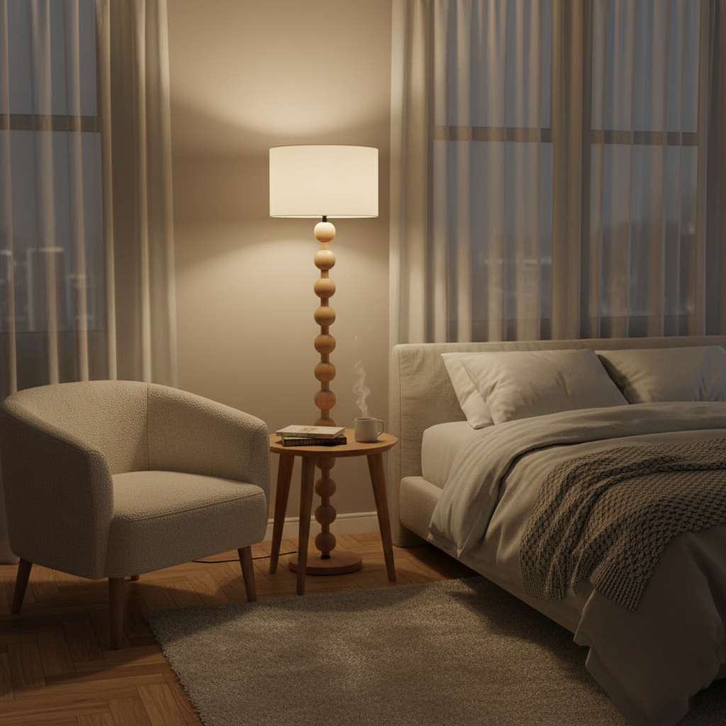 Floor Lamp Ash Wood 63 in White Fabric Shade Living Room Bedroom Accent Lighting | Thomler