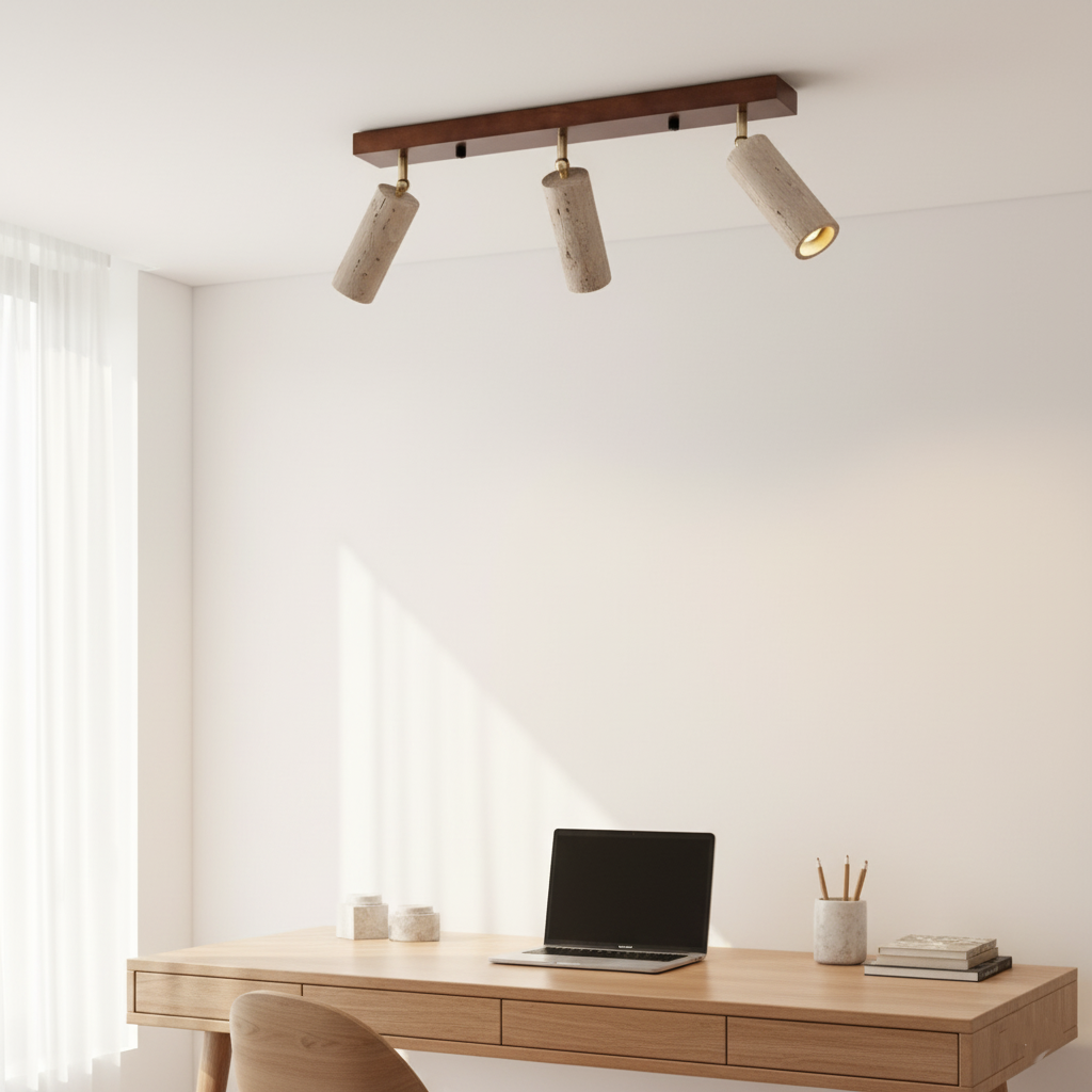 Ceiling Spotlight Travertine Wood 23.6 in 3 Head Adjustable Indoor Lighting Fixture Modern Surface Mounted Accent Lamp | Thomler