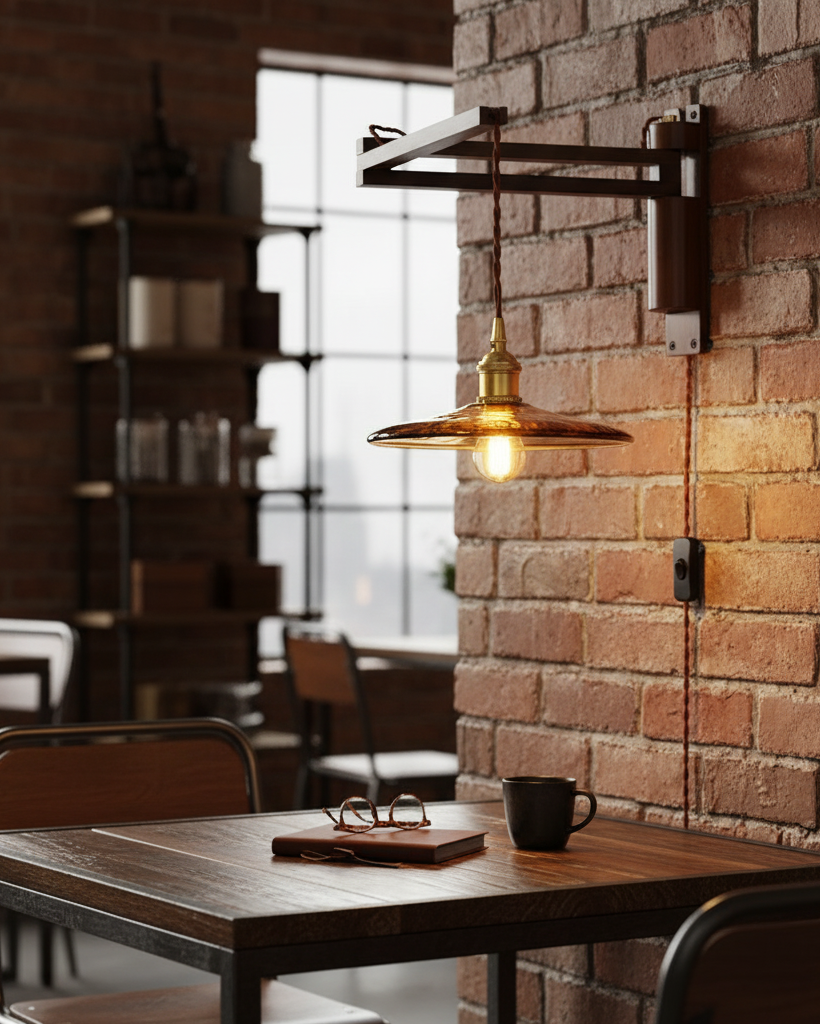 Wall Lamp Wood Adjustable Arm 9 in (23.0 cm) E26 Indoor Bedroom Living Room Lighting Fixture Frosted Glass Amber White Pleated Shade | Thomler