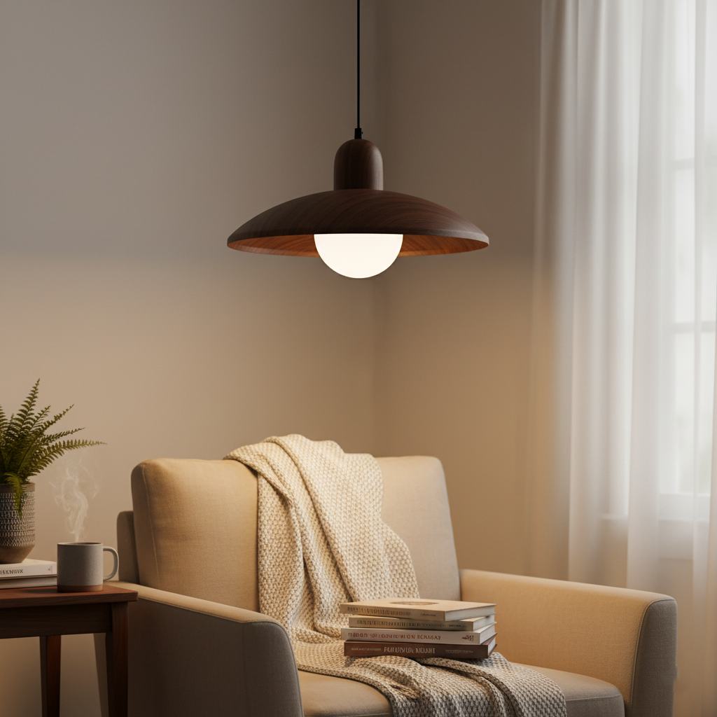 Pendant Light Wood Dome 11.8 in Walnut Dining Room Kitchen Island Hanging Ceiling Lamp Minimalist Japandi Style | Thomler