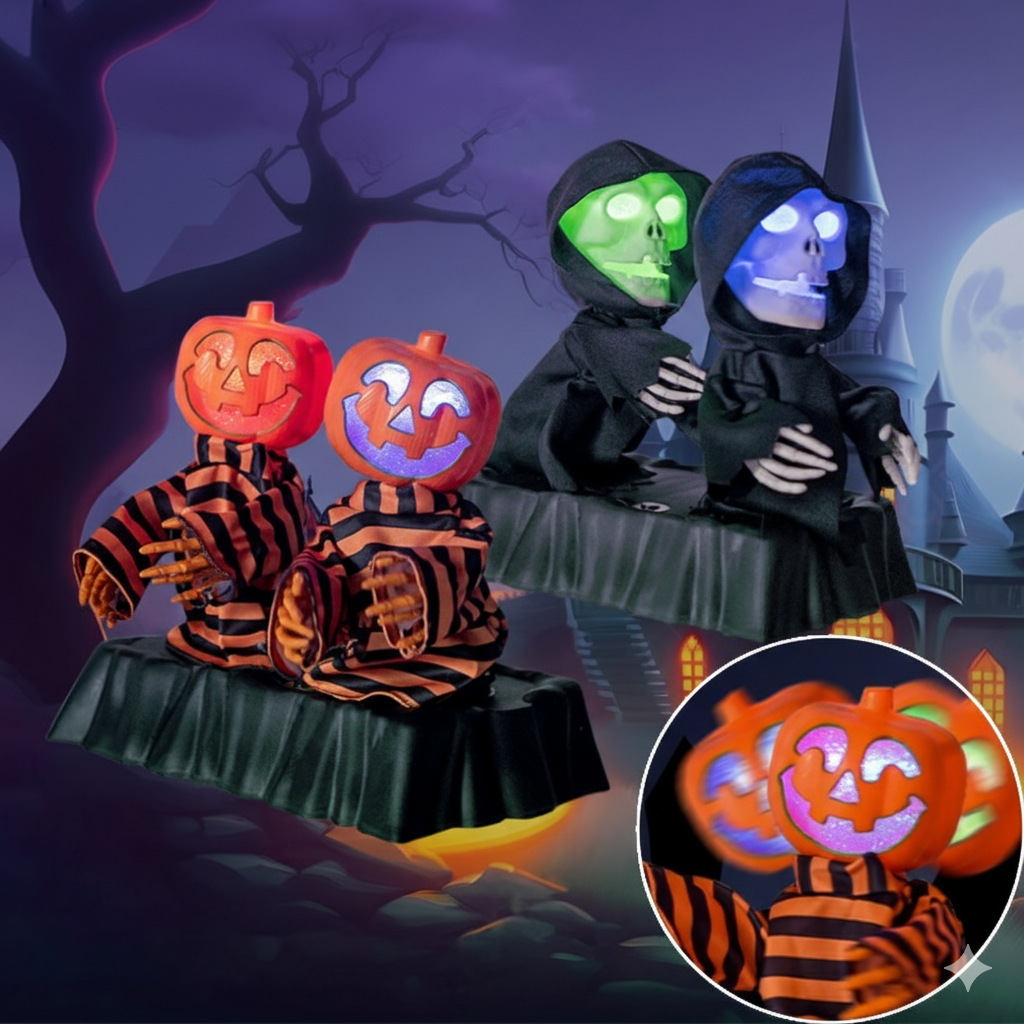 Animated Motorized Skeleton & Jack-O'-Lantern Figures with Color-Changing Lights & Spooky Sounds for Yard & Porch Display | Thomler