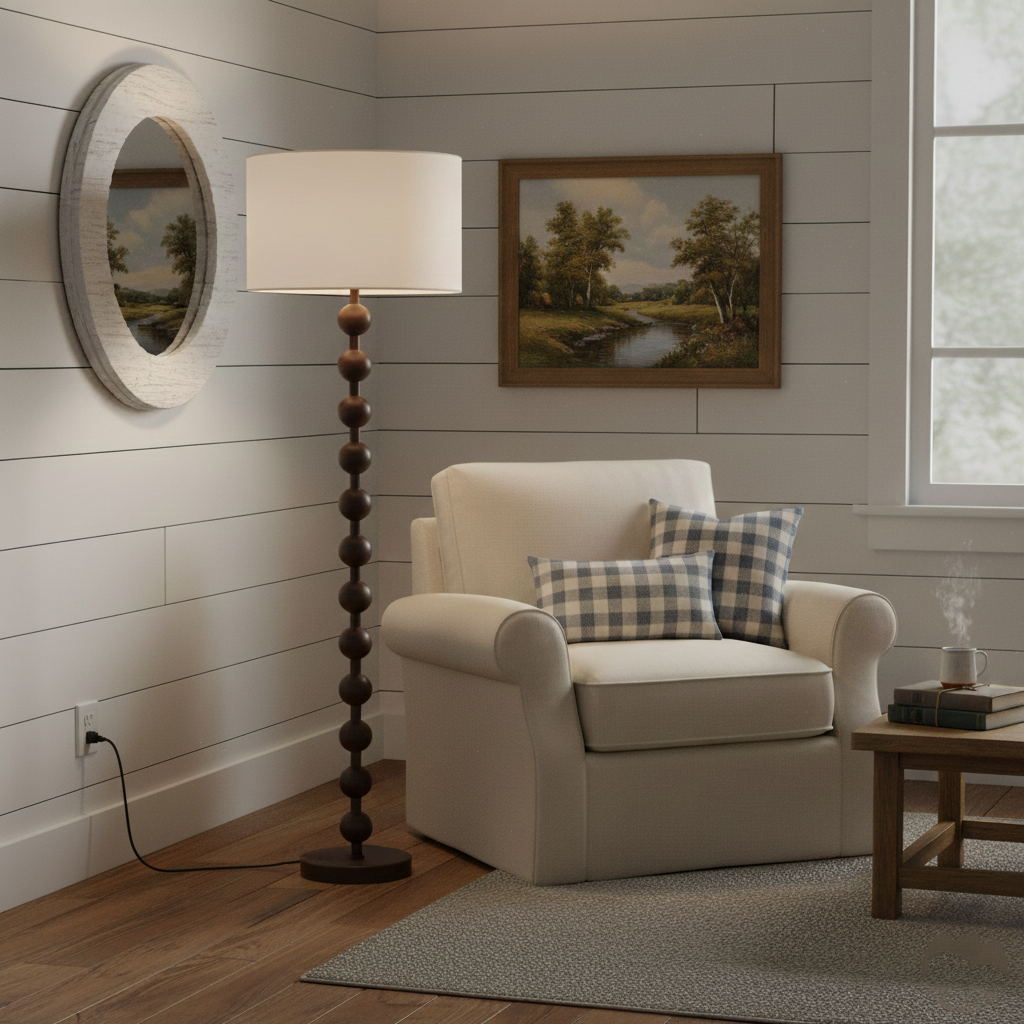 Floor Lamp Ash Wood 63 in White Fabric Shade Living Room Bedroom Accent Lighting | Thomler
