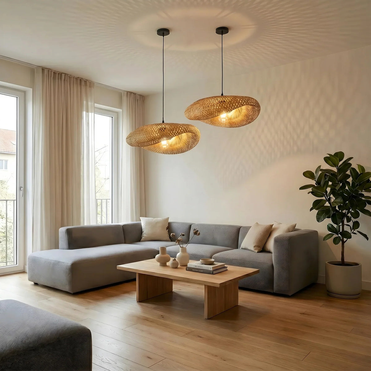 Woven Rattan Pendant Light with Adjustable Height for Dining Room & Kitchen | Natural Ceiling Fixture with E27 Socket | Scandinavian | Thomler