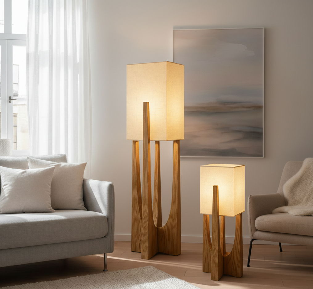 Japanese-Inspired Fabric & Wood Floor Lamp with Natural Minimalist Design | Wabi-Sabi Style Ambient Lighting for Living Room, Bedroom | Thomler